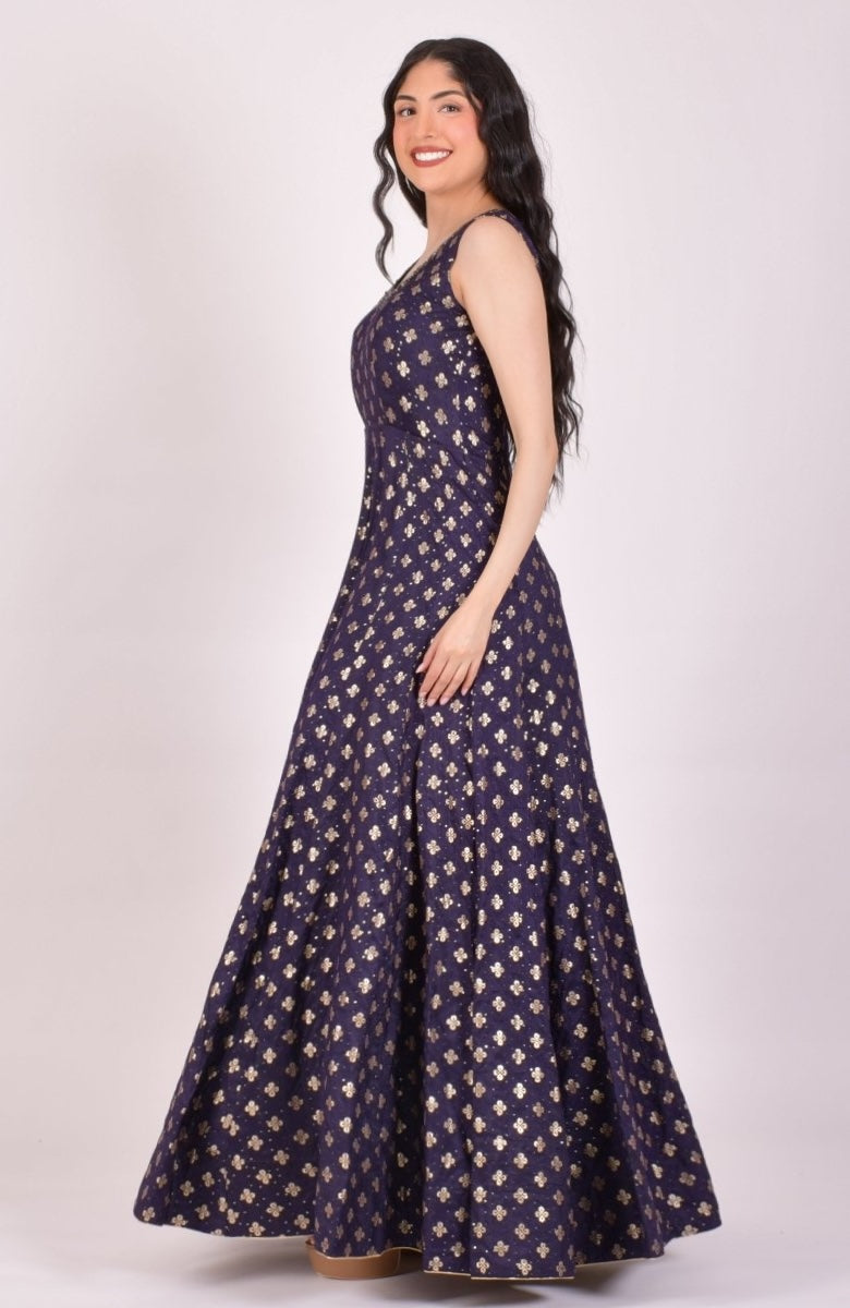 Blue Sequin Anarkali Gown With Dupatta