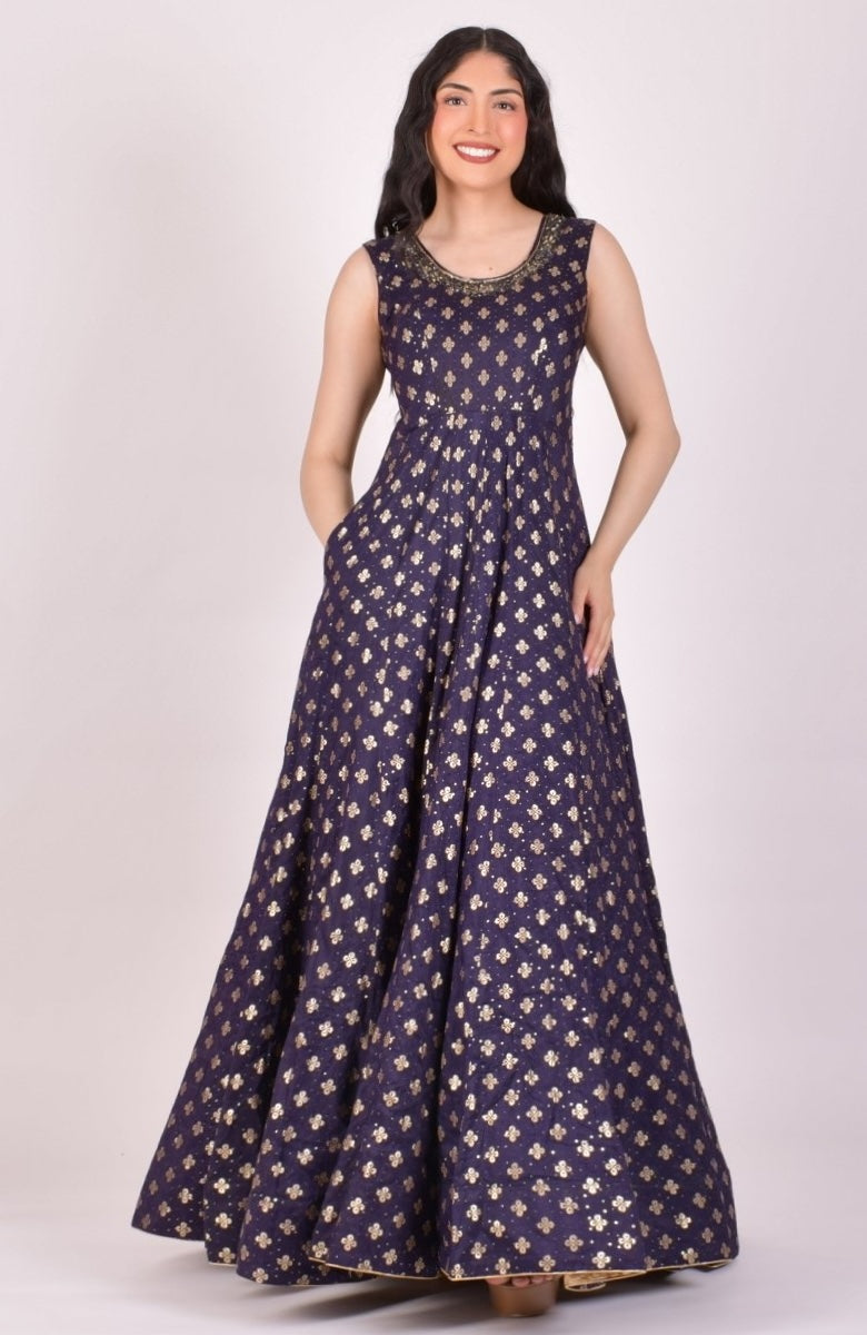 Blue Sequin Anarkali Gown With Dupatta