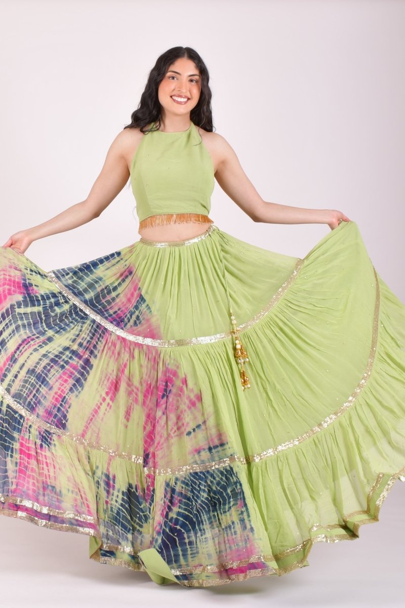 Pista Green Hand Tie-Dye Lehenga Choli Set with Sequins Embroidery