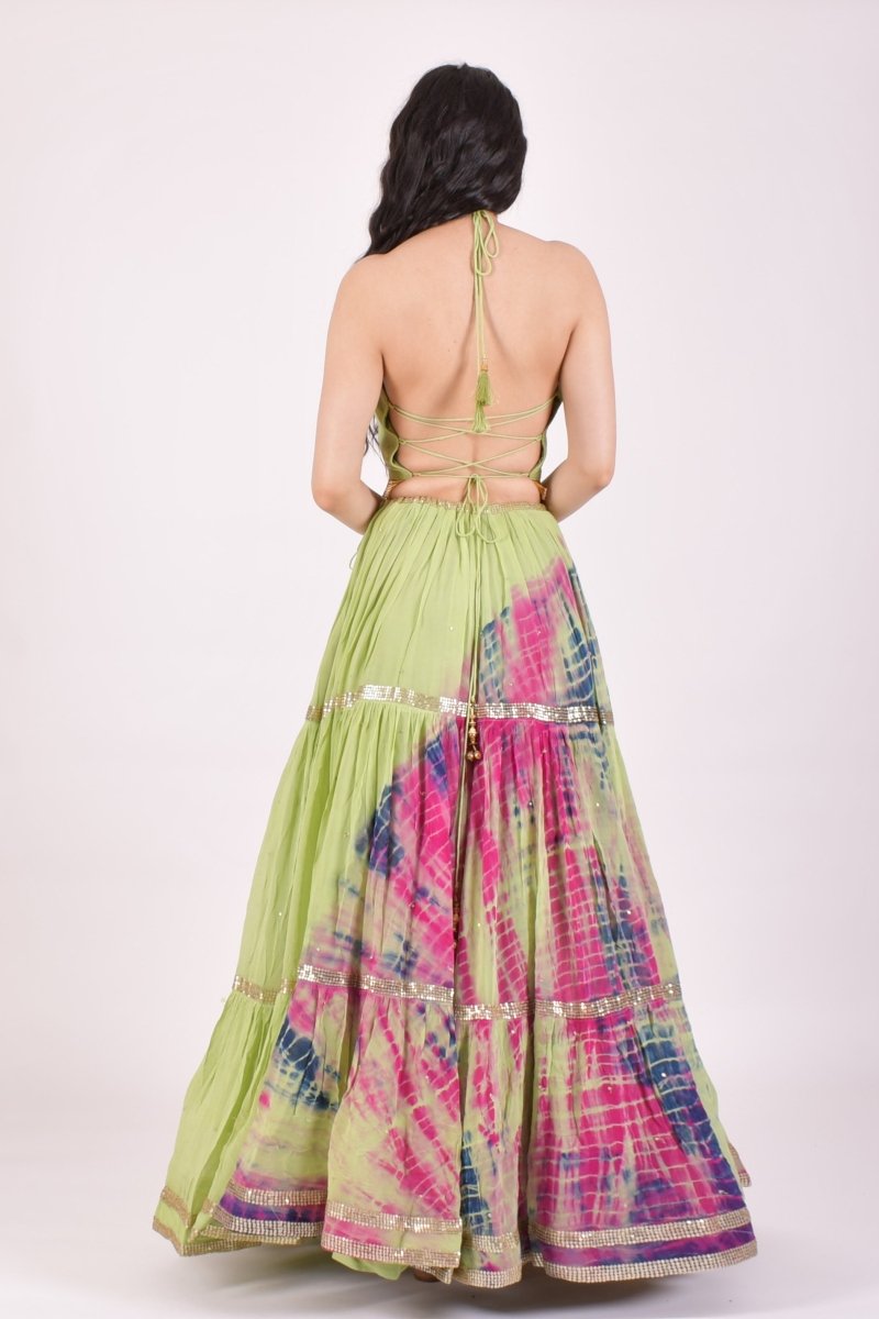 Pista Green Hand Tie-Dye Lehenga Choli Set with Sequins Embroidery