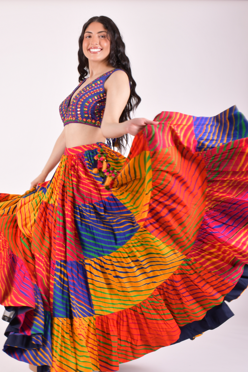 Multicolor Leheriya Tiered Chaniya Choli With Dupatta