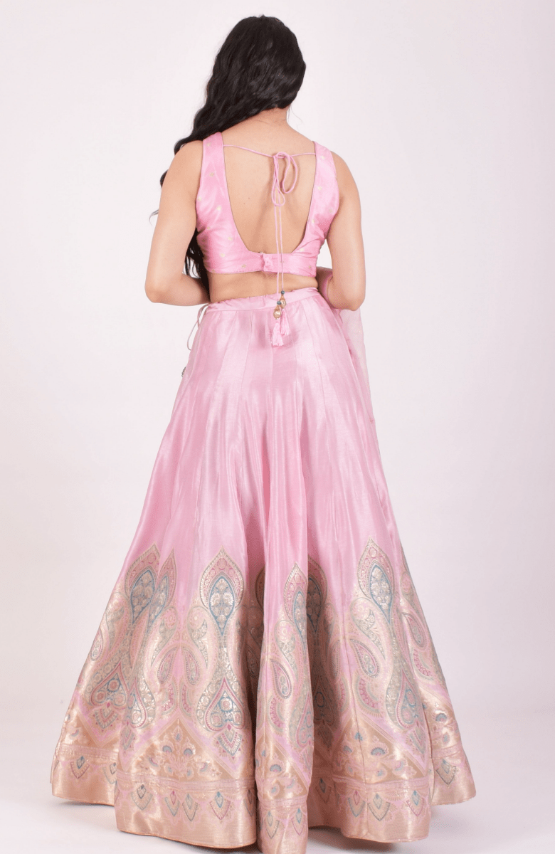 Pink Hand Embroidered Banarasi Silk Lehenga Choli