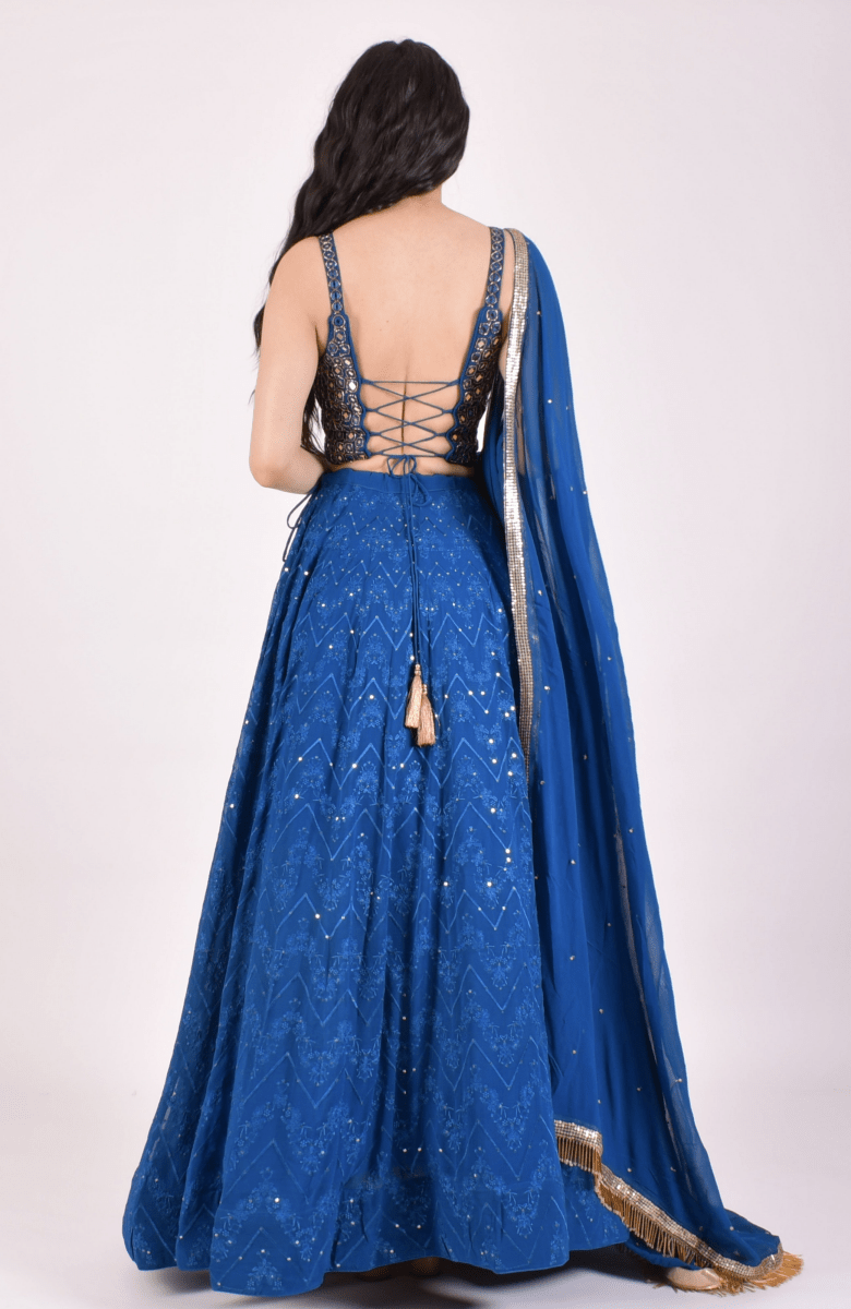 Royal Blue Sequin Lehenga Choli With Mirror work Hand Embroidered Blouse