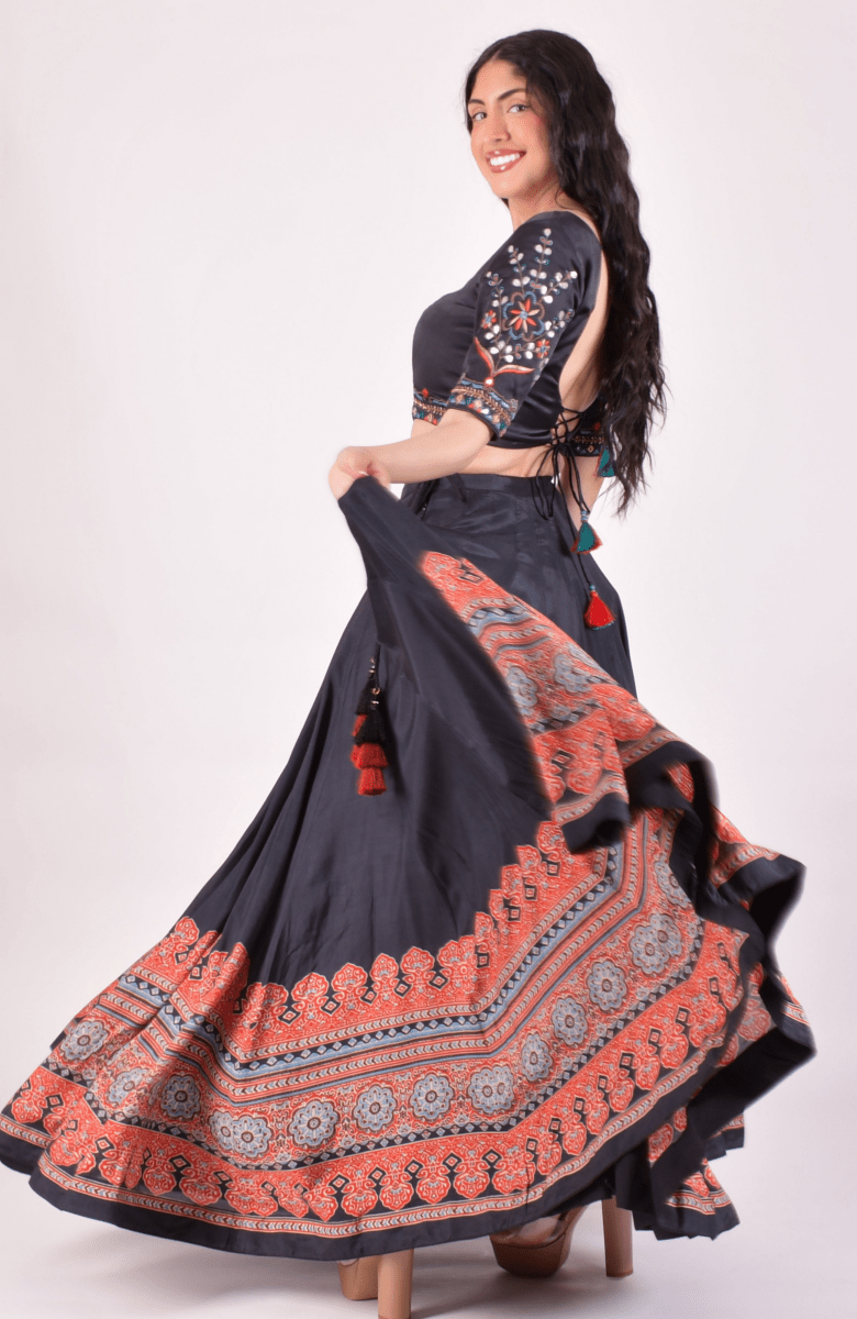 Black Ajrakh Print Chaniya Choli With Gota Patti Work Blouse And Dupatta