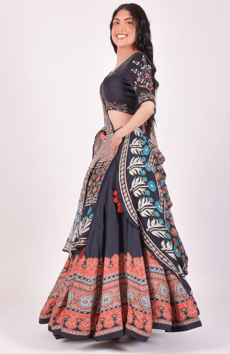 Black Ajrakh Print Chaniya Choli With Gota Patti Work Blouse And Dupatta