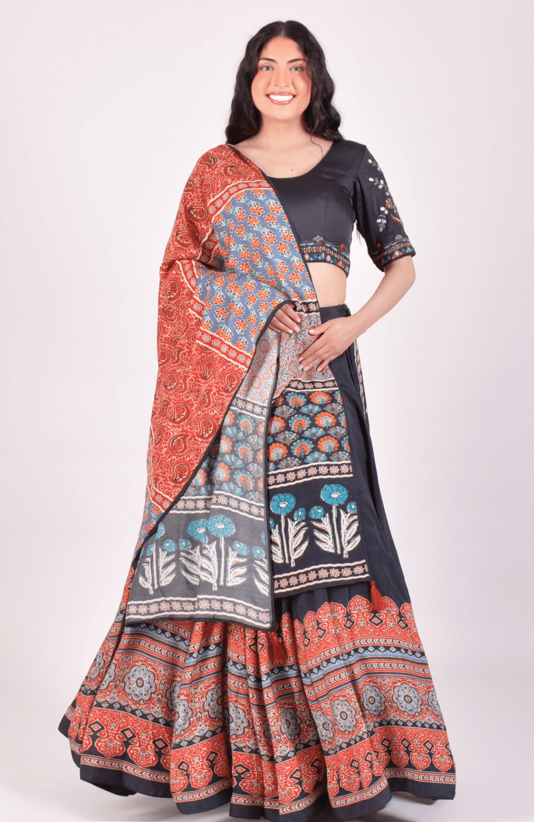 Black Ajrakh Print Chaniya Choli With Gota Patti Work Blouse And Dupatta