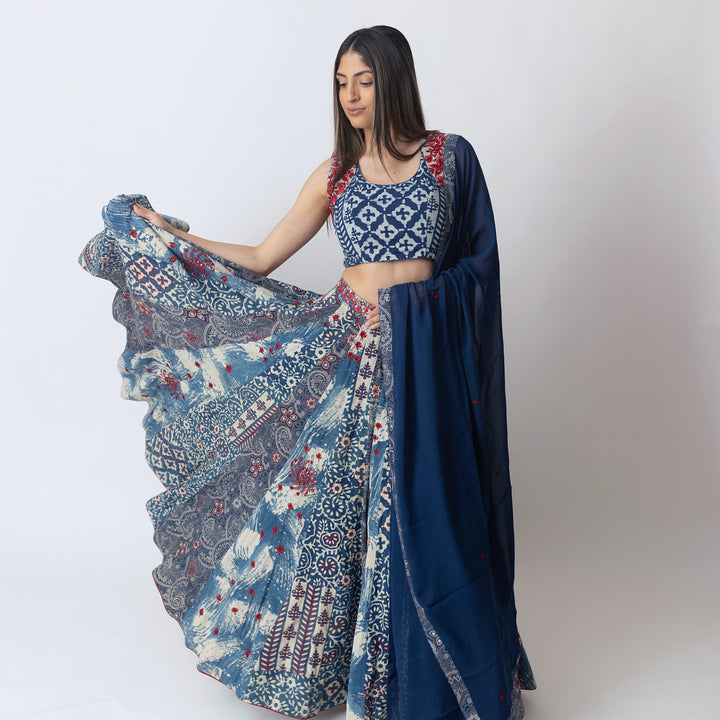 Blue Hand Block Printed Chaniya Choli