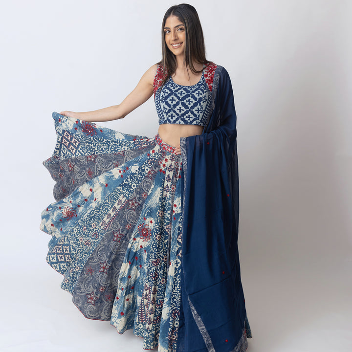 Blue Hand Block Printed Chaniya Choli