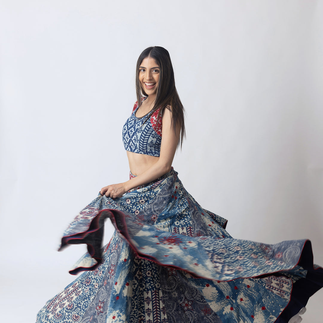 Blue Hand Block Printed Chaniya Choli