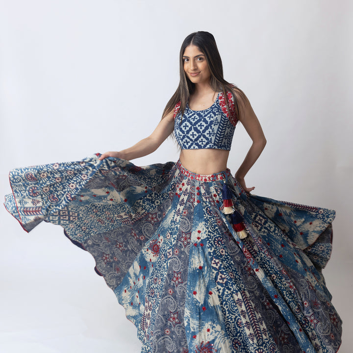 Blue Hand Block Printed Chaniya Choli