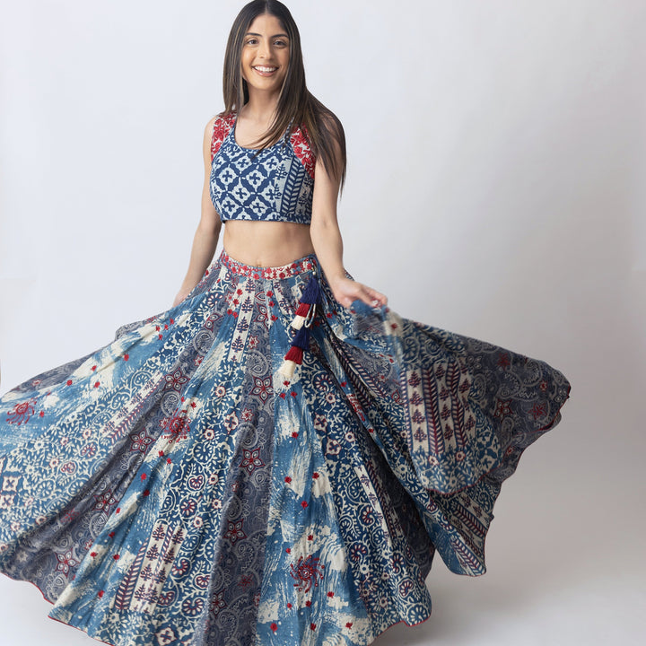 Blue Hand Block Printed Chaniya Choli