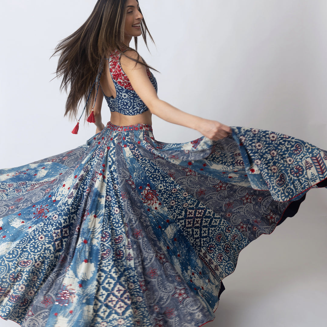 Blue Hand Block Printed Chaniya Choli