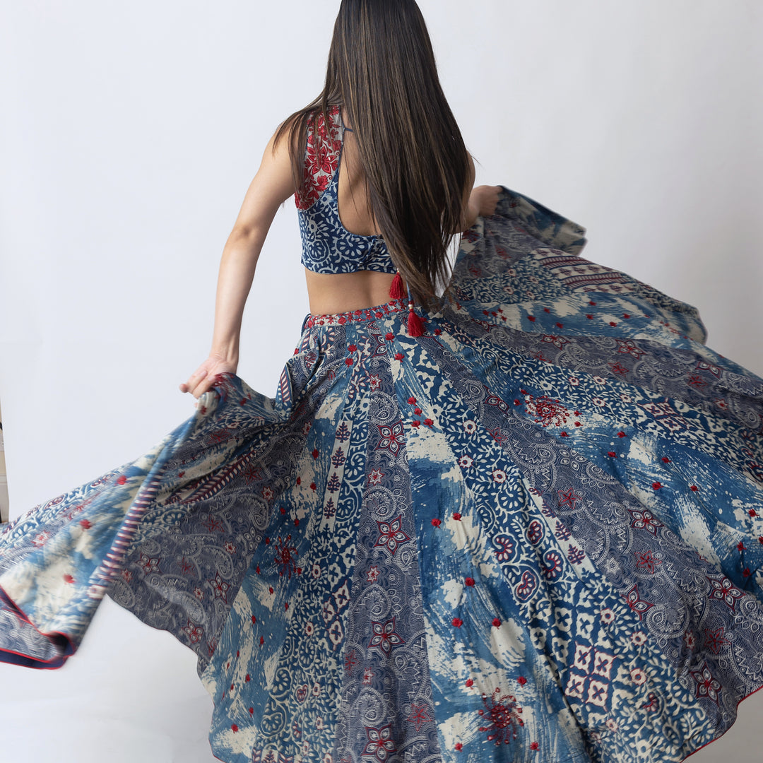 Blue Hand Block Printed Chaniya Choli