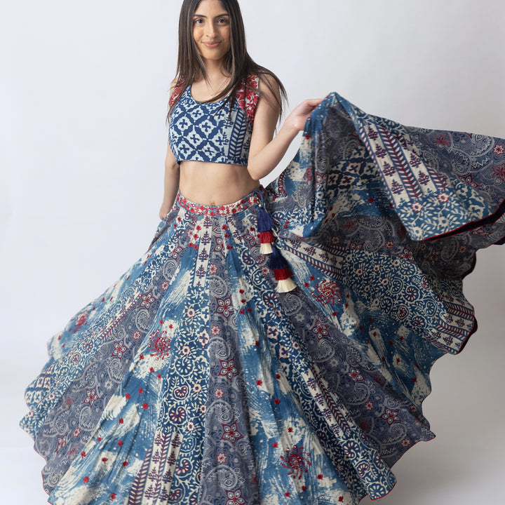 Blue Hand Block Printed Chaniya Choli