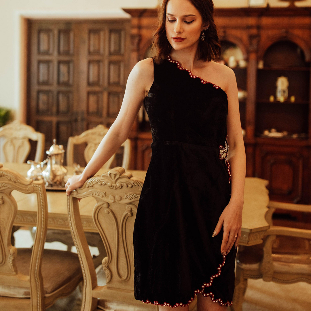 Regina Black Velvet Short Dress with Hand Embroidery