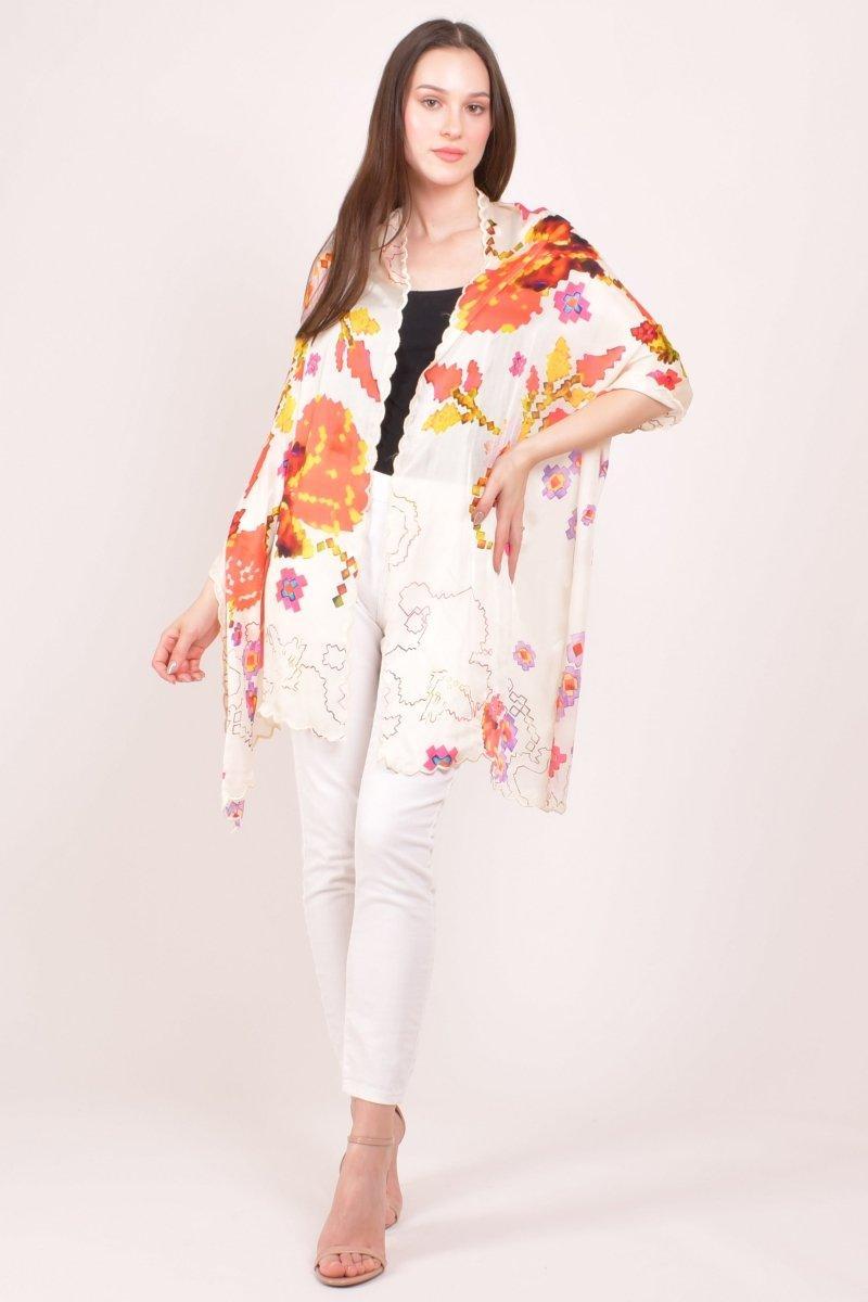 Ivory Floral Printed Viscose Scarf with Cutwork Border scarves & stoles RAAS