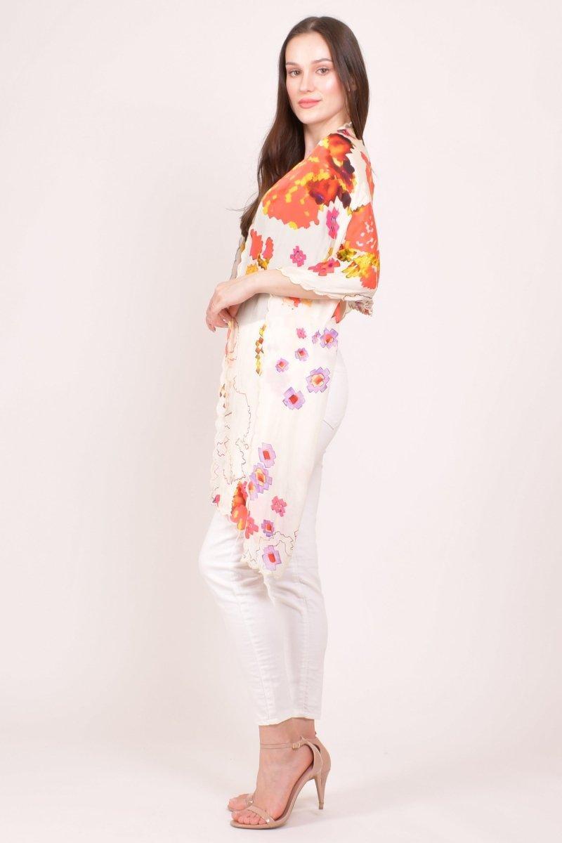 Ivory Floral Printed Viscose Scarf with Cutwork Border scarves & stoles RAAS