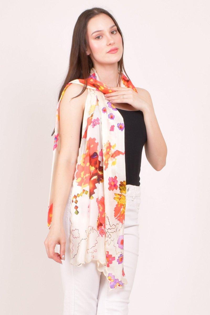 Ivory Floral Printed Viscose Scarf with Cutwork Border scarves & stoles RAAS