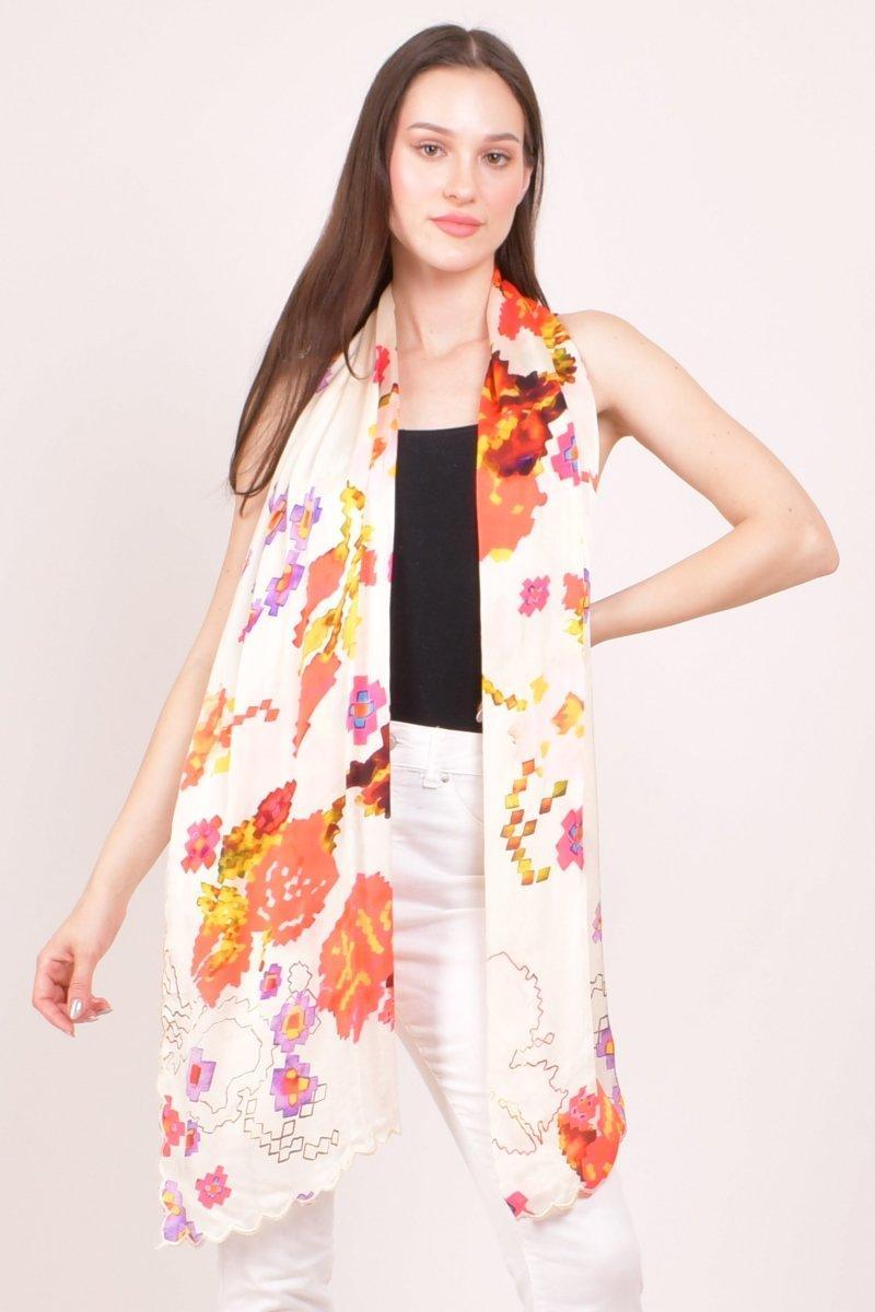 Ivory Floral Printed Viscose Scarf with Cutwork Border scarves & stoles RAAS