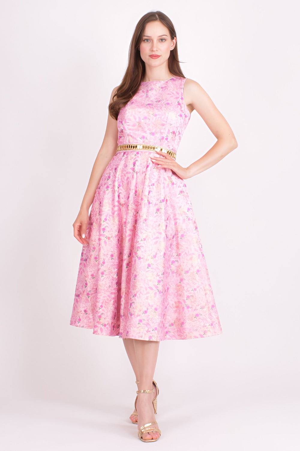 Pink jacquard midi dress with all-over floral pattern, sleeveless, and a gold mirror embroidered belt.