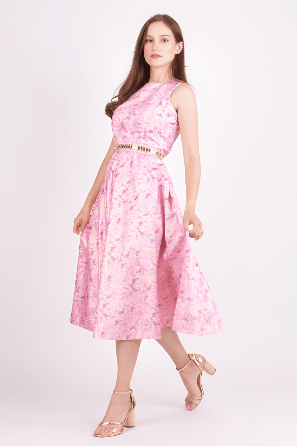 Pink jacquard midi dress with all-over floral pattern and mirror embroidered belt.
