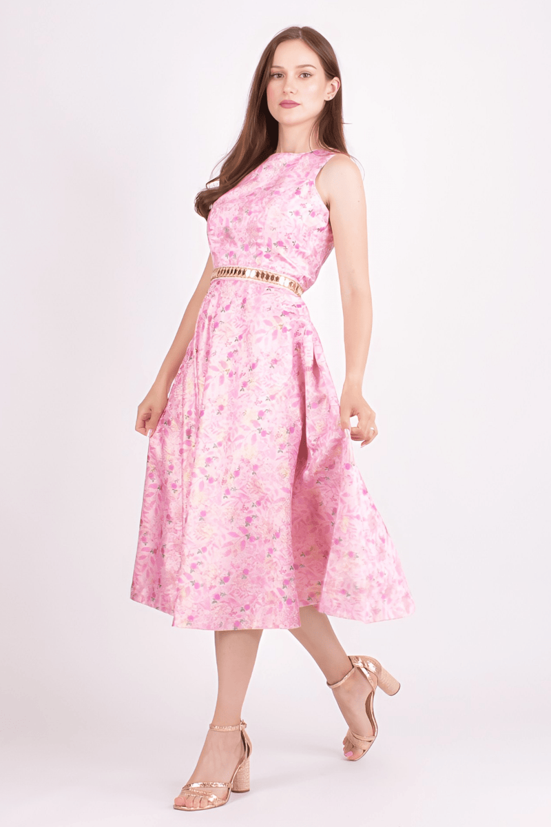 Pink jacquard midi dress with all-over floral pattern and mirror embroidered belt.
