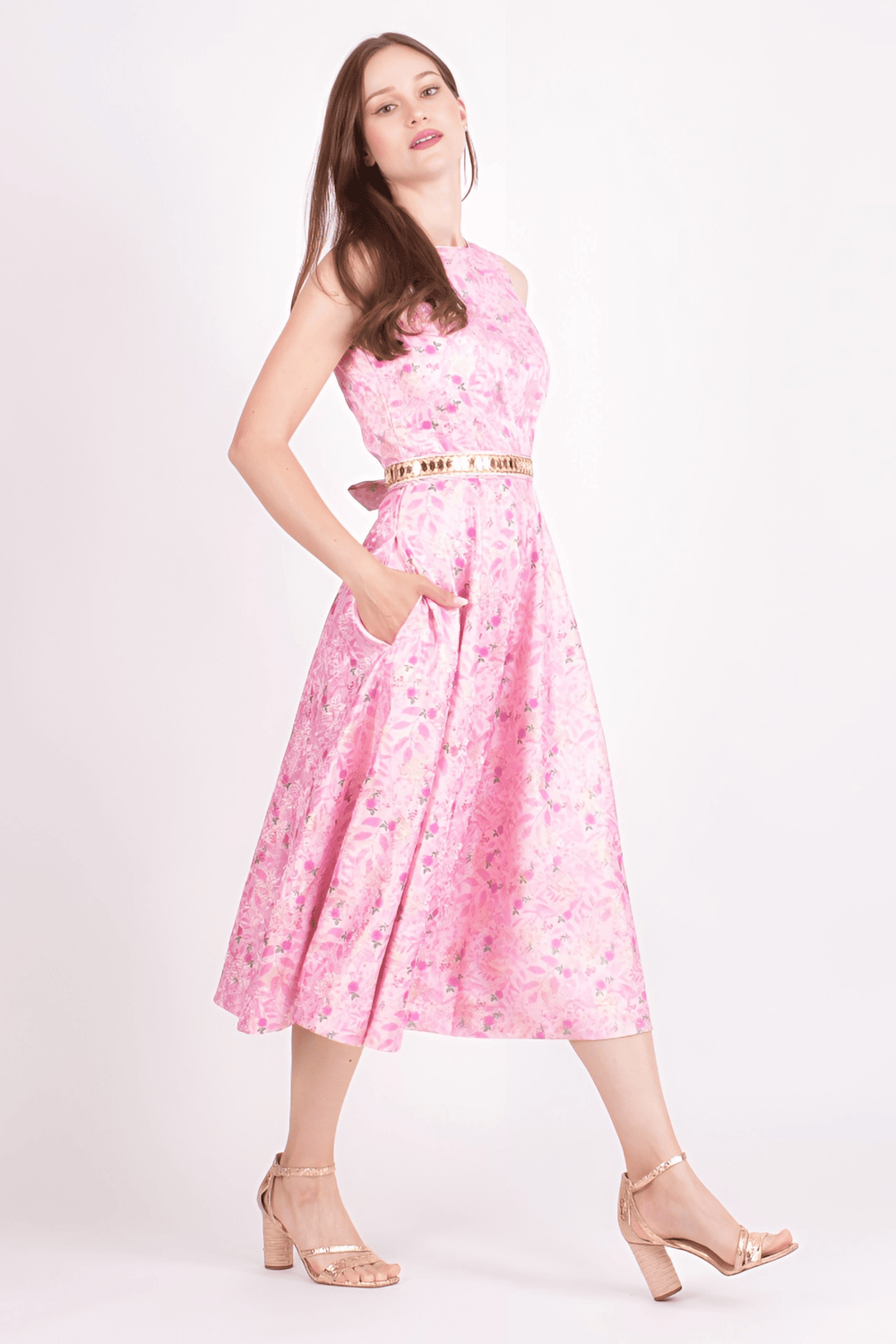 Pink jacquard midi dress with all-over floral pattern and mirror embroidered belt.