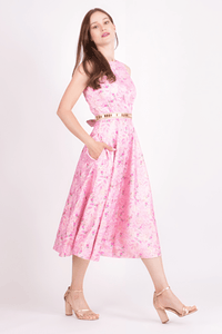 Pink jacquard midi dress with all-over floral pattern and mirror embroidered belt.