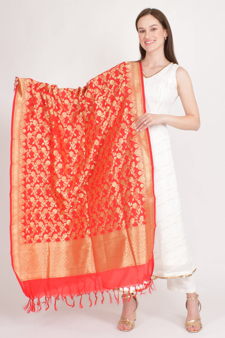 Jiya Red Dupatta with Golden Patterns-Raas USA