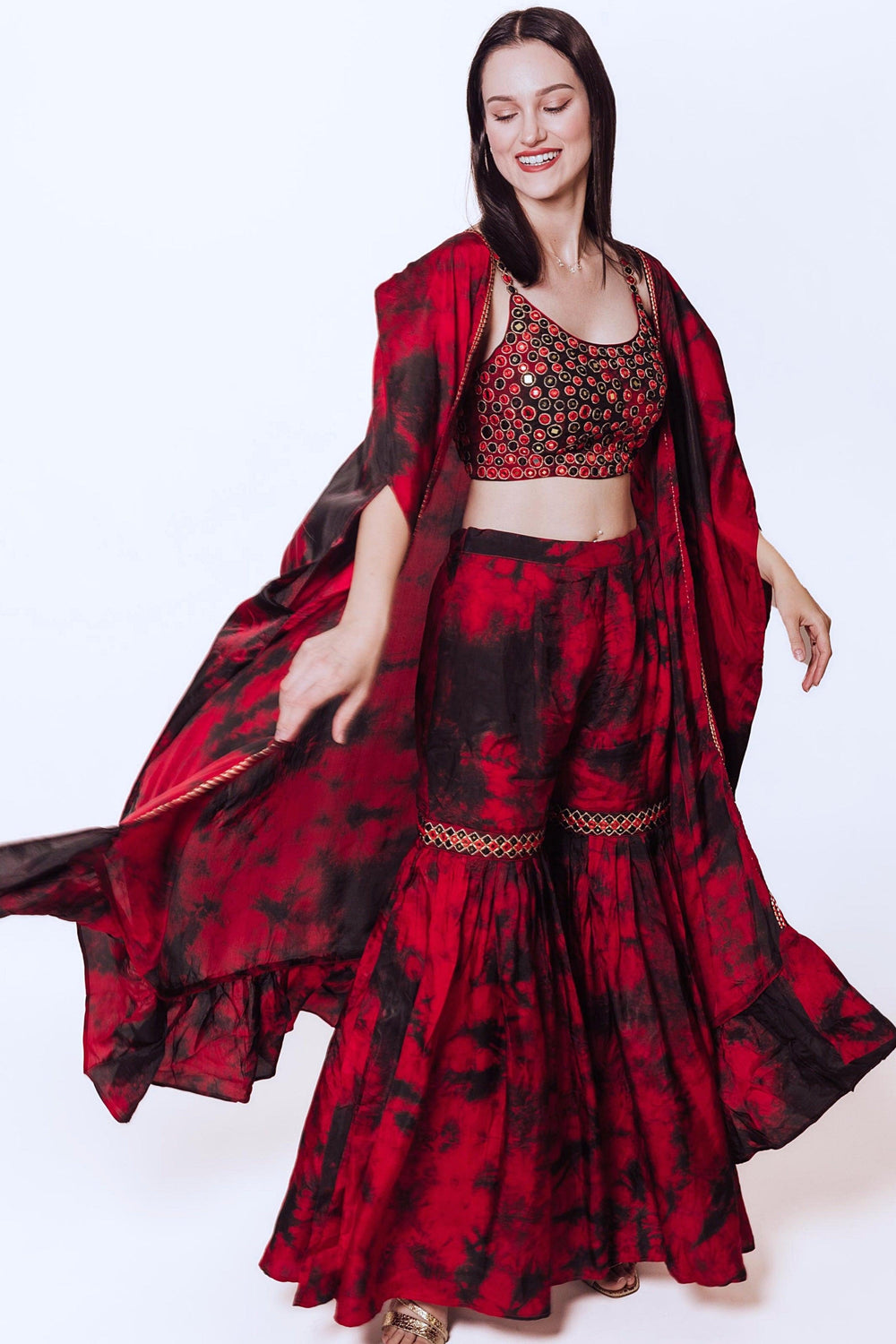 Juliana Hand Tie Dye Palazzo Pantsuit with Hand Embroidered Blouse-Raas