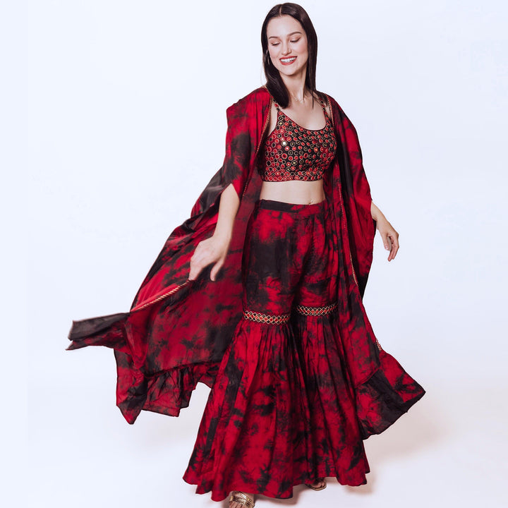 Juliana Hand Tie Dye Palazzo Pantsuit with Hand Embroidered Blouse-Raas