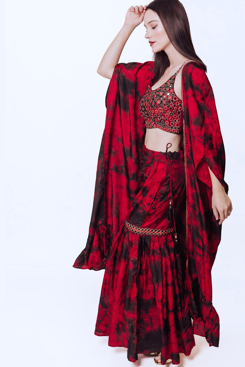 Juliana Hand Tie Dye Palazzo Pantsuit with Hand Embroidered Blouse-Raas