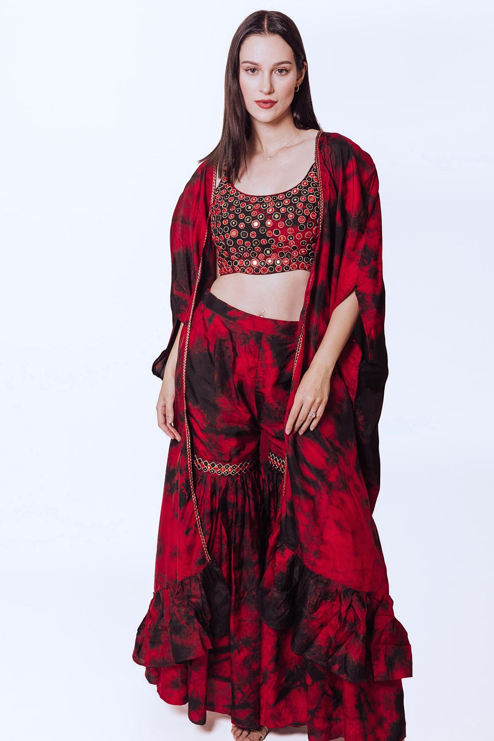Juliana Hand Tie Dye Palazzo Pantsuit with Hand Embroidered Blouse-Raas