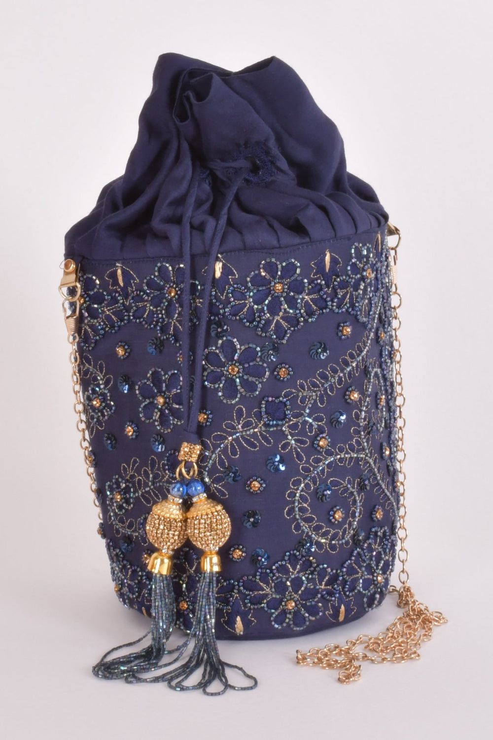June Blue & Gold Embroidered Bucket Bag BAGS RAAS