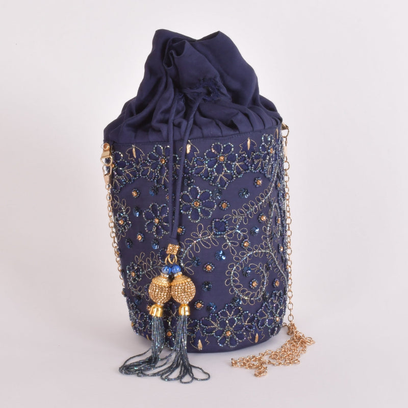 June Blue & Gold Embroidered Bucket Bag BAGS RAAS