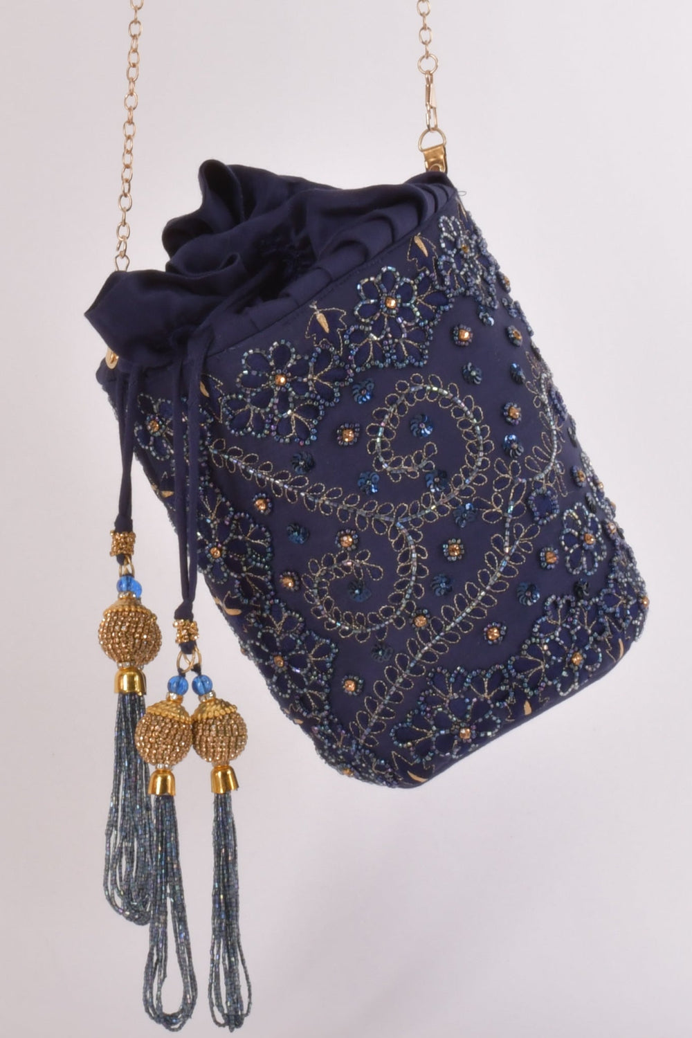 June Blue & Gold Embroidered Bucket Bag BAGS RAAS