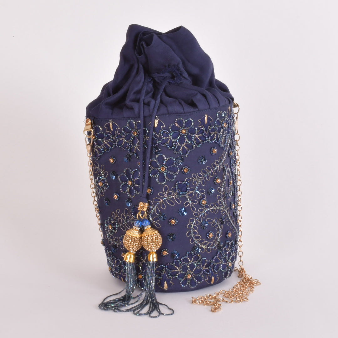 June Blue & Gold Embroidered Bucket Bag