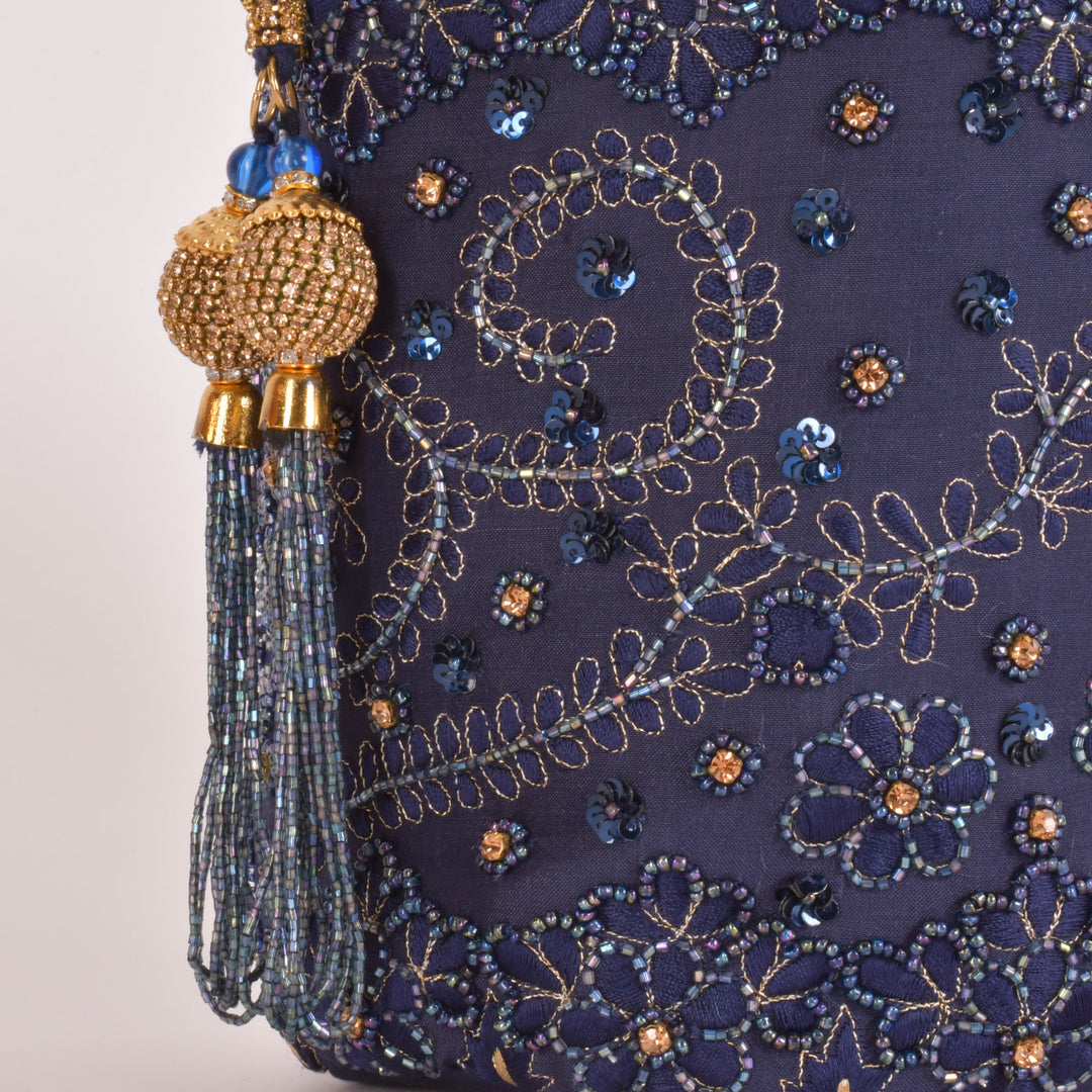 June Blue & Gold Embroidered Bucket Bag