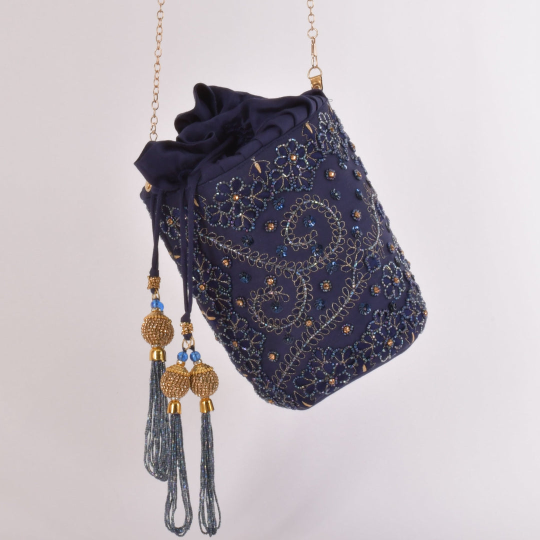 June Blue & Gold Embroidered Bucket Bag