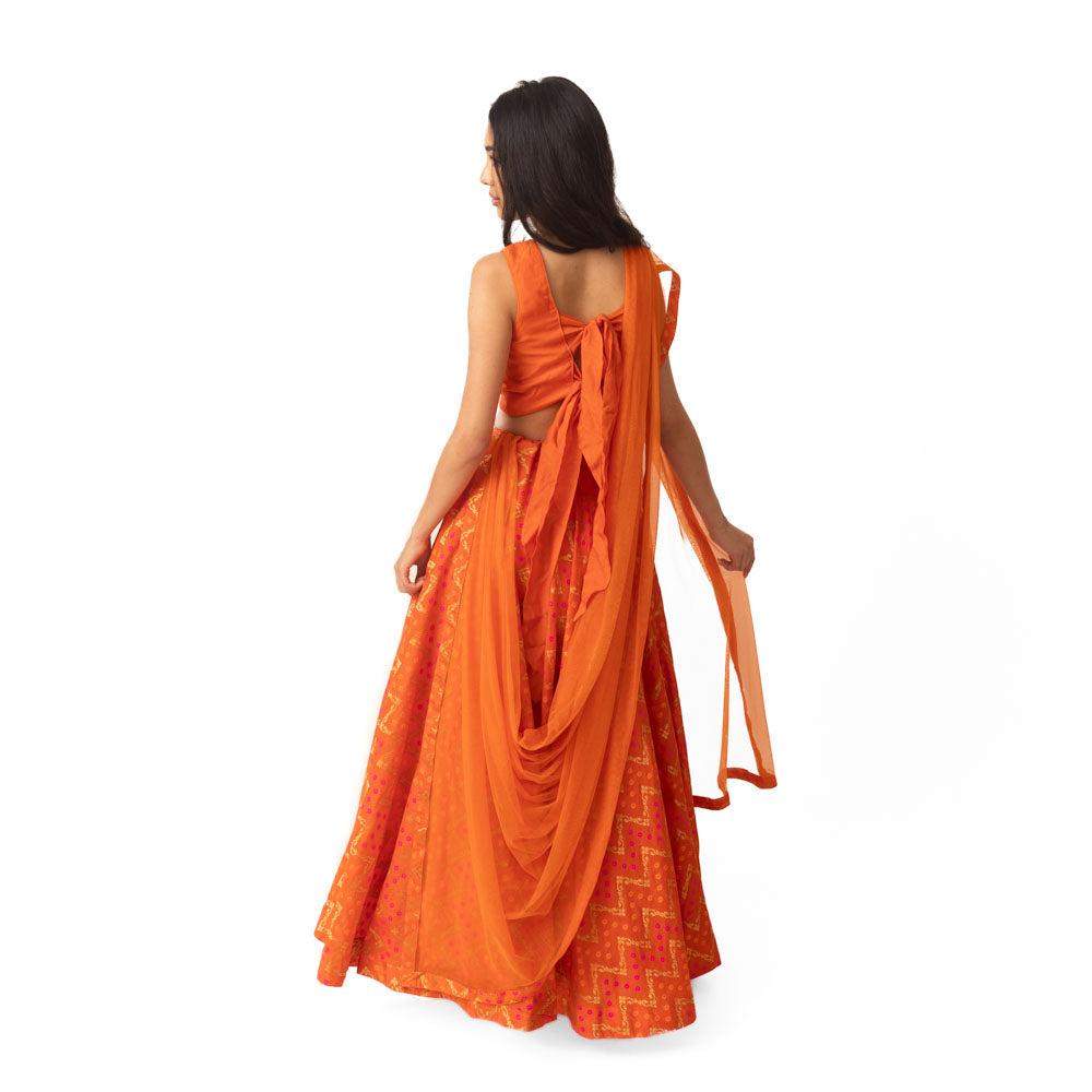 Juniper Clementine Orange Lehenga with Tie Back Blouse