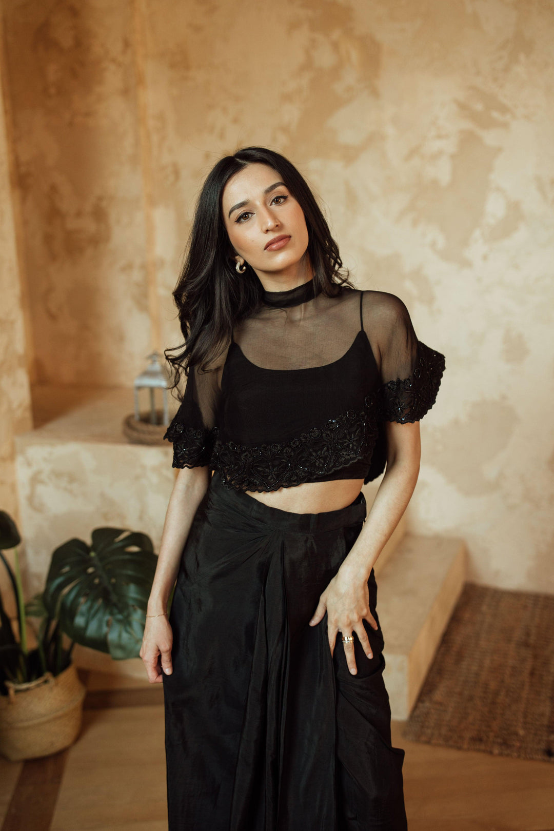 Kai Black Pant Set with Cape Dupatta-Raas