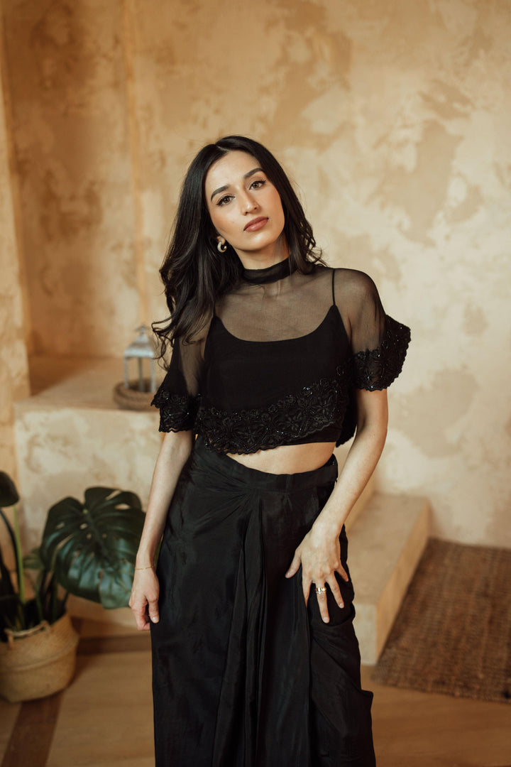 Kai Black Pant Set with Cape Dupatta-Raas