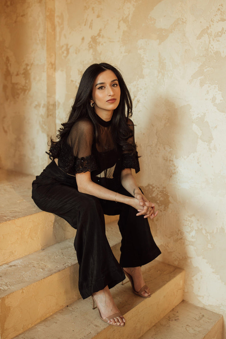 Kai Black Pant Set with Cape Dupatta-Raas