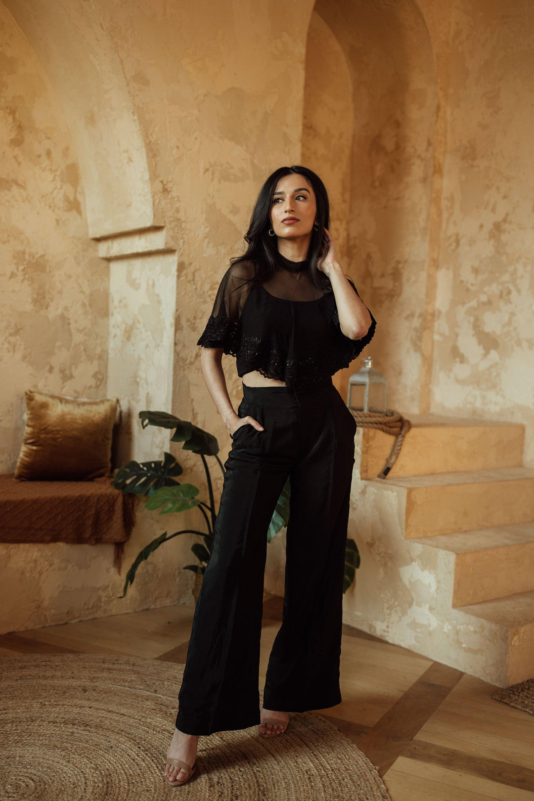 Kai Black Pant Set with Cape Dupatta-Raas