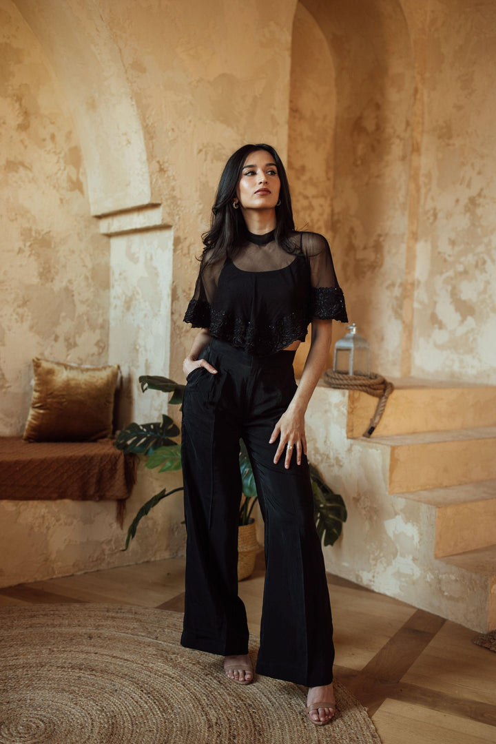 Kai Black Pant Set with Cape Dupatta-Raas
