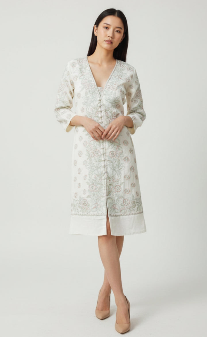 Keya Midi Dress with Floral Hand Embroidery