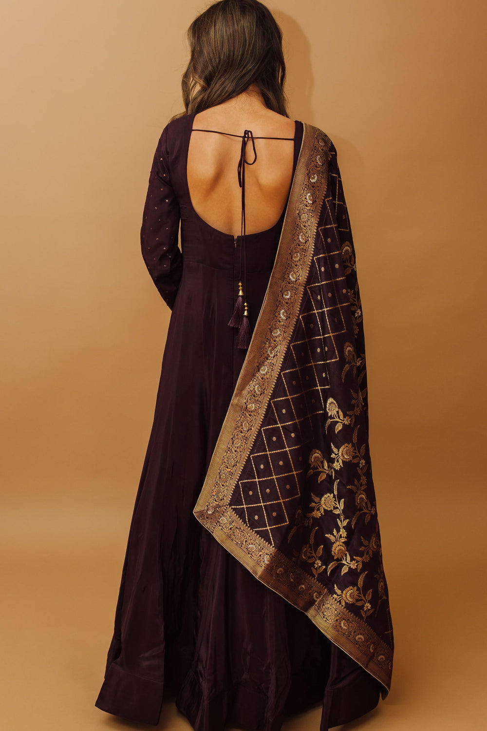 Klarina Wine Gown with Banarasi Silk Dupatta, full-sleeve A-line gown with sequins and gold zari.