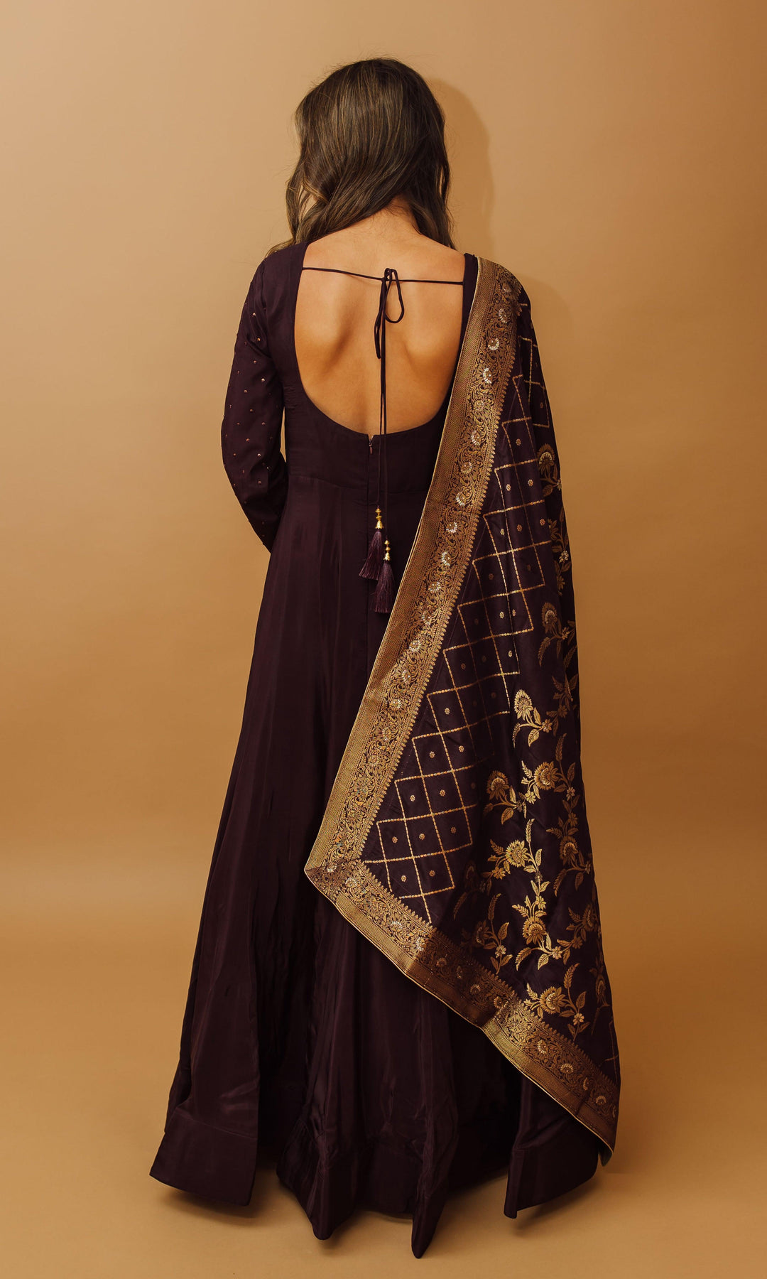 Klarina Wine Gown with Banarasi Silk Dupatta-Raas USA