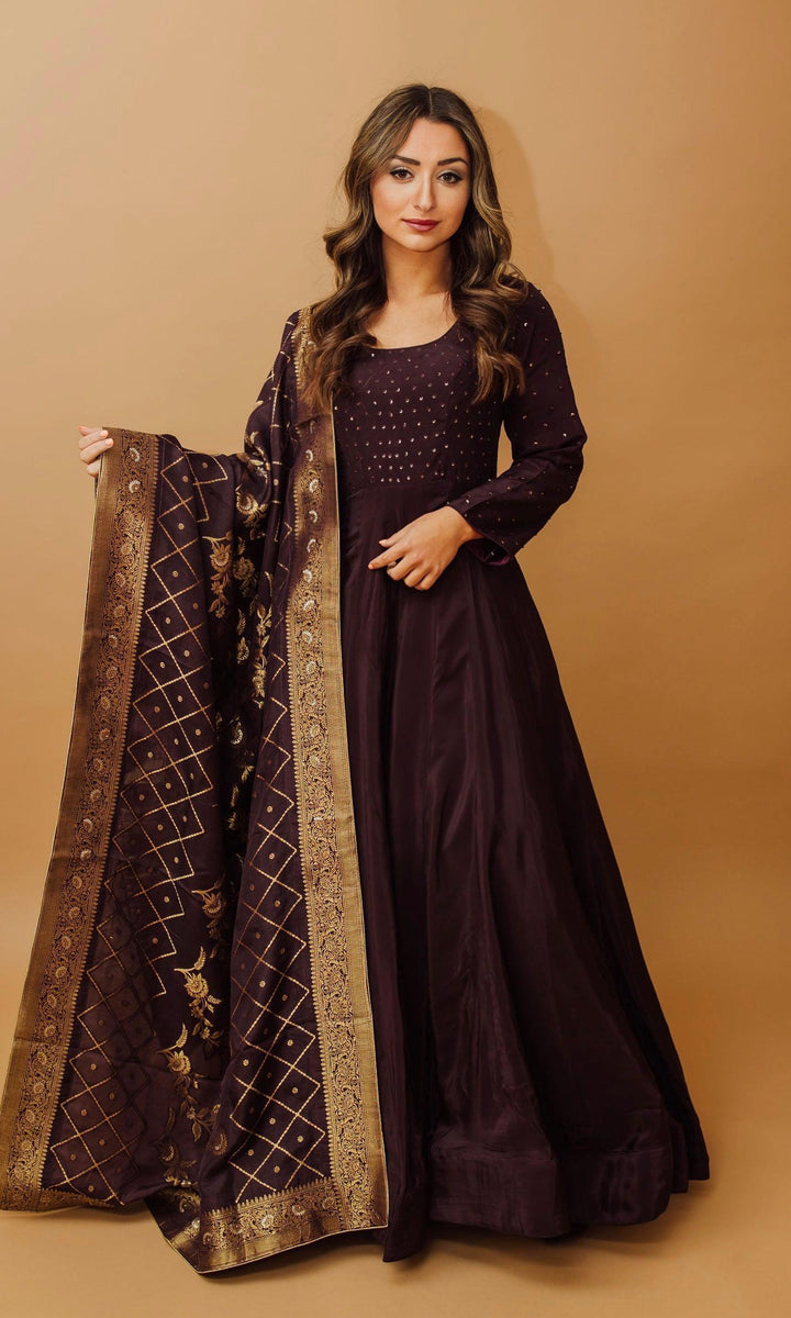 Klarina Wine Gown with Banarasi Silk Dupatta-Raas USA