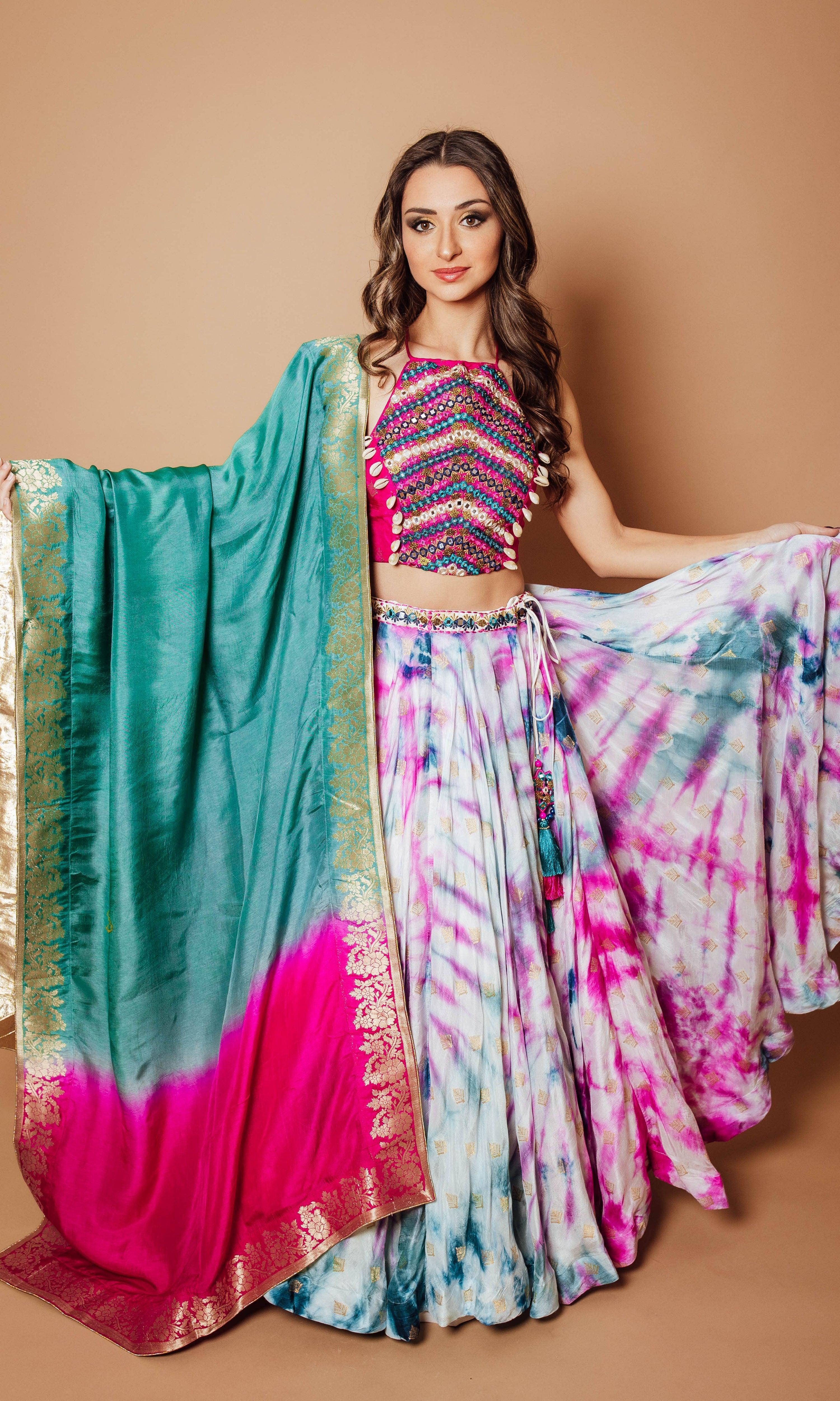 Buy Powder Pink Tie Dye Sequin Embroidery Lehenga Online in USA – Pure  Elegance